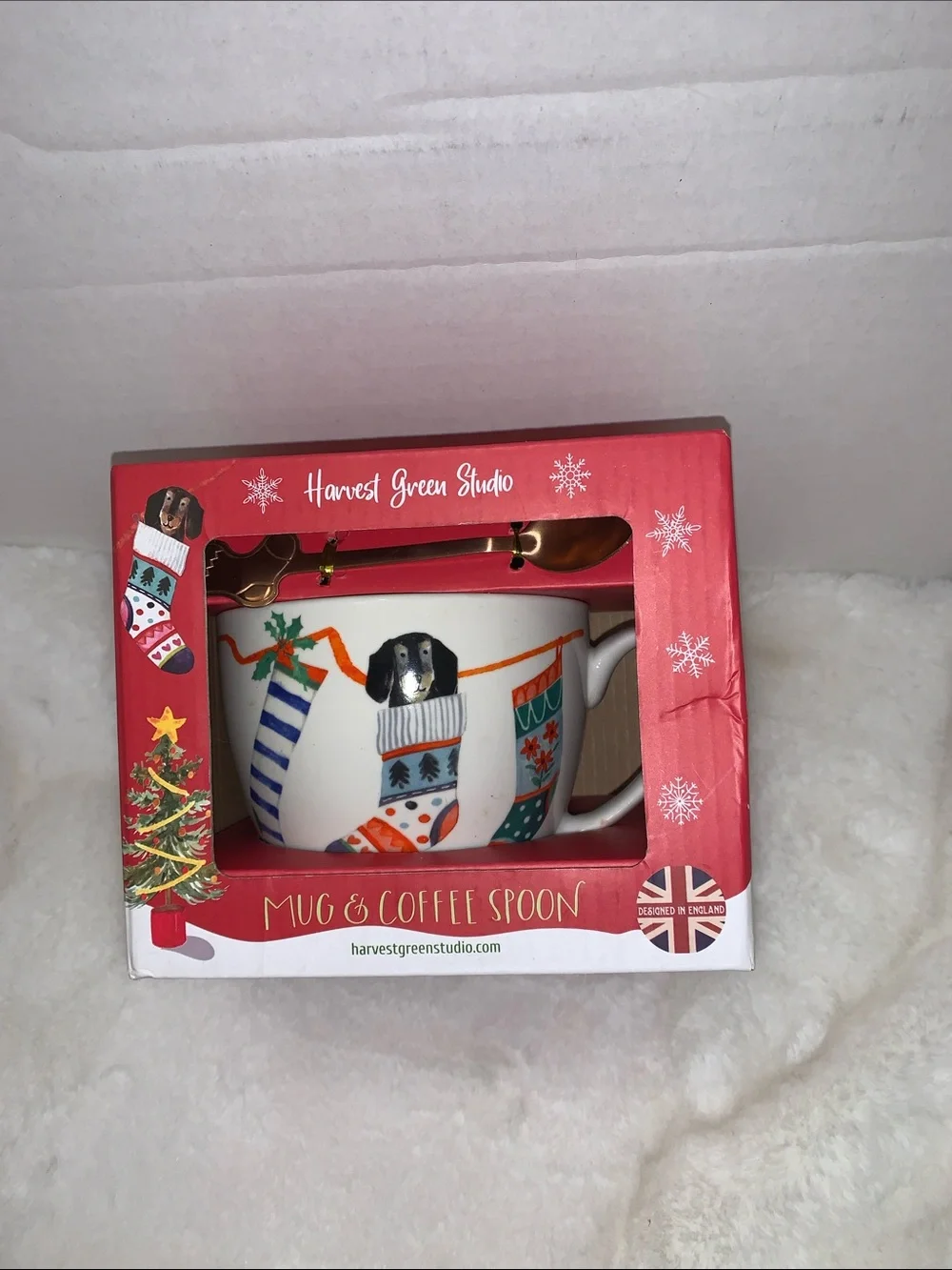 Christmas Stocking Dog Mug with Gold Spoon - White NIB